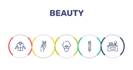 beauty outline icon set featuring parka, manicure, bold man with moustache, eye pencil icons. © VectorStockDesign