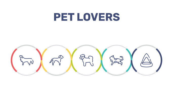 pet lovers outline icon set featuring bernese mountain dog, springer spaniel, bichon, toyger cat icons.