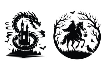 Fototapeta premium Dragon wrapped around castle with bats and rider on horseback with lantern in forest