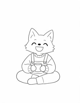 Cute happy fox character in overalls sitting cross-legged and enthusiastically playing games with a controller line art video games game controller console gami