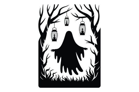 Floating ghost silhouette in spooky forest with bare trees and hanging lanterns