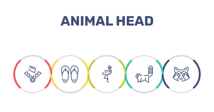animal head outline icon set featuring trap, sandals, flamingo, red panda icons.