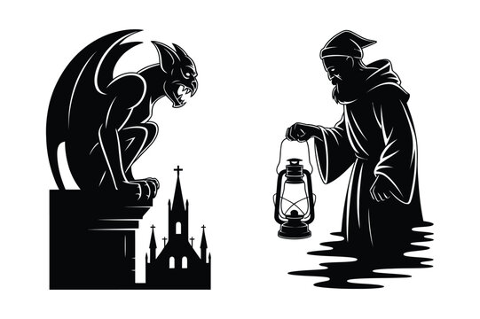 Dark gothic gargoyle on church and hooded figure with lantern vector silhouettes
