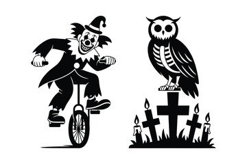Halloween vector set with creepy clown on unicycle and owl on grave in cemetery © Sadek