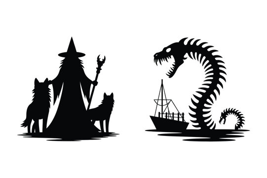 Fantasy silhouettes of a powerful wizard with wolves and a giant sea monster attack