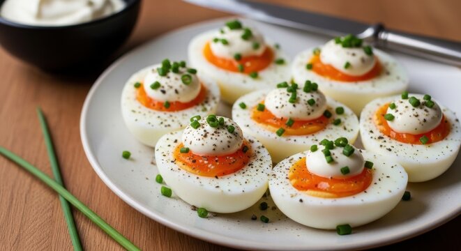 Deviled Eggs with Creamy Filling and Fresh Garnish on a Plate