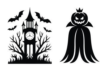 Fototapeta premium Gothic halloween clock tower with bats and pumpkin king silhouette, halloween