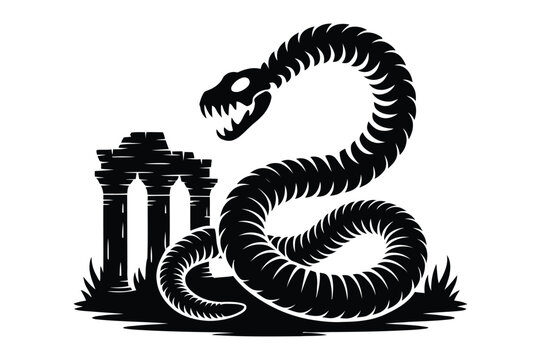 Black silhouette of a giant snake skeleton coiled next to ancient greek ruins