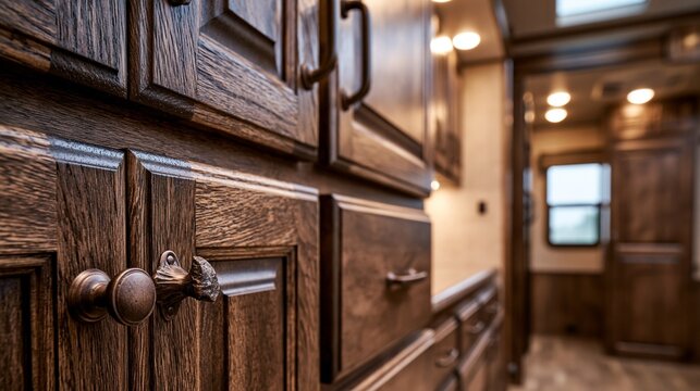 Dark wood camper cabinetry being installed with emphasis on rich texture and robust hardware highlighting a cozy and elegant travel home environment.