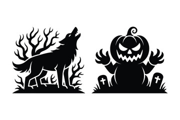 Halloween silhouette set featuring howling wolf in woods and scary pumpkin monster © Sadek