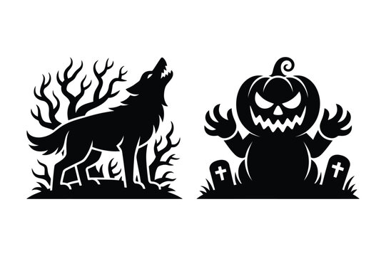 Halloween silhouette set featuring howling wolf in woods and scary pumpkin monster