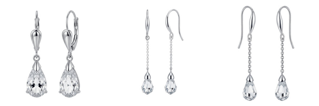 Set and Collection of Elegant Hanging Silver Earrings - Fashion Graphic Element for Jewelry, Beauty, Style, Luxury, and Lifestyle Design Projects, Isolated on transparent PNG background