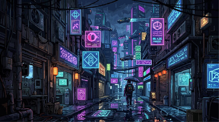 Obraz premium Cyberpunk Cityscape at Night: A lone figure walks under an umbrella through a rain-slicked street lined with towering buildings adorned with vibrant, glowing neon signs.