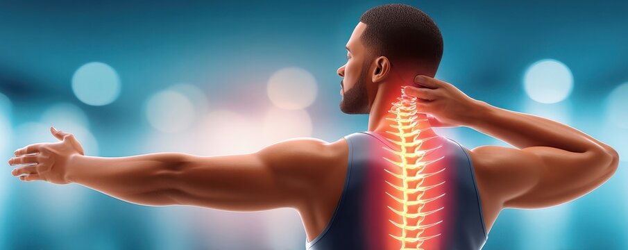 Man with glowing spine highlighting neck and back pain and spinal anatomy for health and recovery