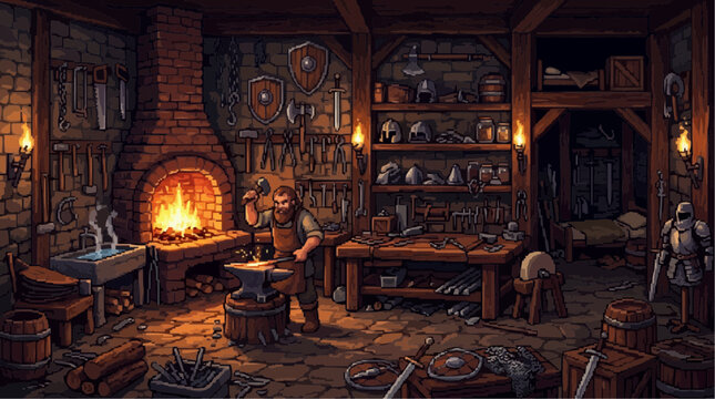 Medieval Blacksmith Workshop: A medieval blacksmith works diligently at his forge in a rustic workshop filled with tools, armor, and weapons, illuminated by the warm glow of the fire.