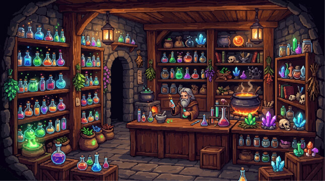 Alchemist's Sanctuary: A mystical apothecary overflowing with bubbling potions, glowing crystals, and arcane ingredients, where an ancient alchemist meticulously crafts elixirs amidst the dim.