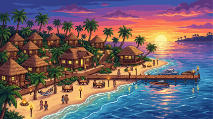 Fototapeta premium Tropical Paradise Sunset: A serene tropical island resort awakens at sunset, with bungalow-style accommodations nestled amongst palm trees along a pristine sandy beach.