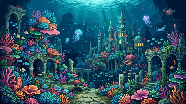 Underwater Fantasy Kingdom: A majestic underwater kingdom with intricate architecture and vibrant coral reefs teeming with marine life, illuminated by a mystical glow.