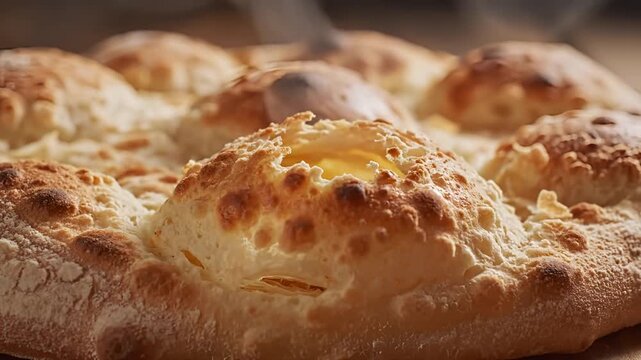 Closeup of freshly baked flatbread with goldenbrown crust and dimples.