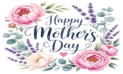 Beautiful Mother's Day typography banner decorated with blooming pink peonies and lavender flowers. © Yasmeen