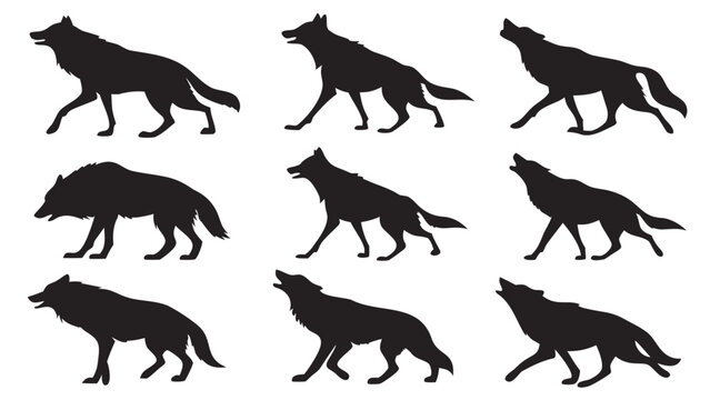 Vector illustration set of black silhouettes of wolves in different poses