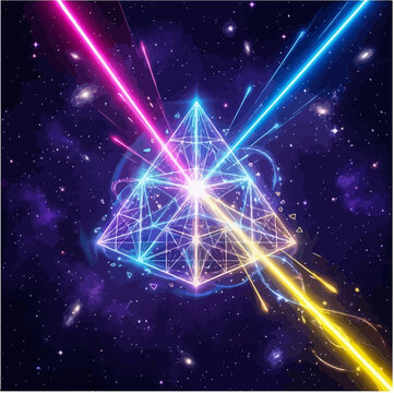 Sacred Geometry Pyramid with Cosmic Rays in Nebula Background Vector Illustration