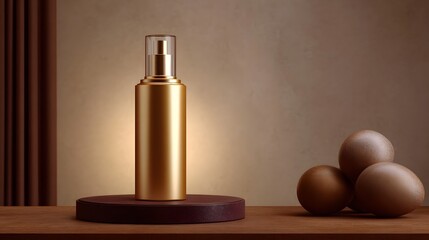 Naklejka premium A luxurious gold glass bottle sits elegantly on a warm textured background