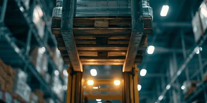 Warehouse worker operates forklift to move stacked cargo