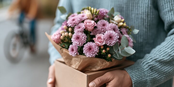 Hands hold a bouquet of pink chrysanthemums and greenery wrapped in brown paper