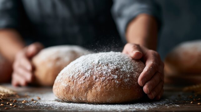 Freshly baked artisan bread sprinkled with flour