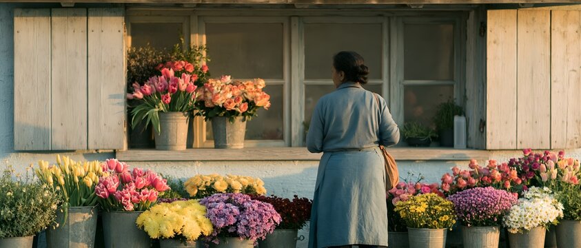 Back view of woman in blue coat, standing among vibrant flower arrangements