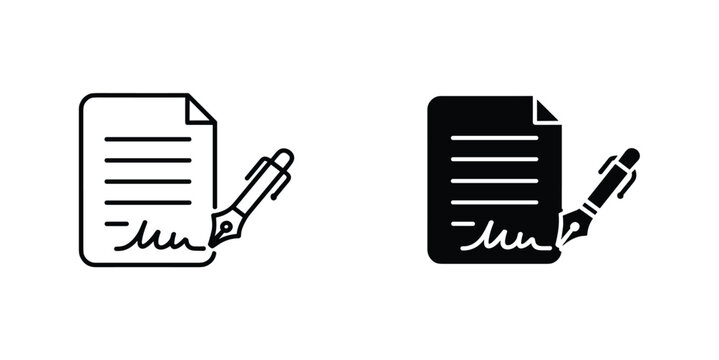 Document and Pen Icon: A clear icon depicting a document with text and a signature line, alongside a pen, representing signing. signing, document, agreement, contract, pen, writing, signature.