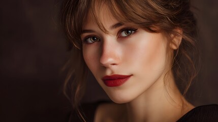 Fototapeta premium A dramatic close up portrait featuring rich red lipstick and flowing hair against a dark background