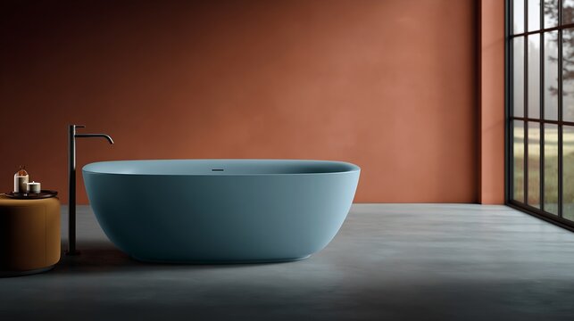 Blue bathtub on concrete floor near window