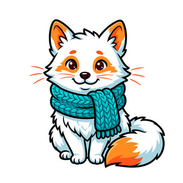 vector Cute cartoon white fox wearing a teal knitted scarf isolated on white background on transparent background