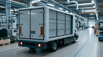 Naklejka premium Dynamic medium shot capturing the integration of large battery modules into an electric delivery truck highlighting the streamlined manufacturing process and cuttingedge machinery.