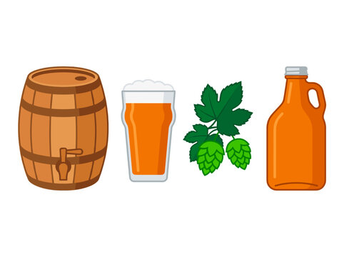vector Beer making ingredients and containers including barrel glass of beer hops and growler bottle on transparent background