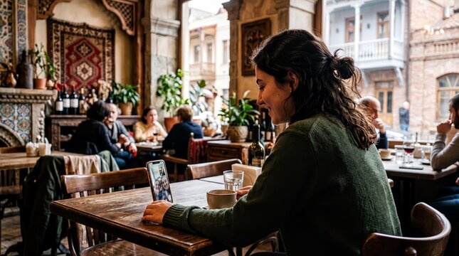 cultural communication, a student joyfully video calling family from a cozy tbilisi caf