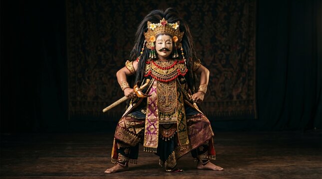 Traditional Balinese Topeng Mask Dancer Performing with Keris Sword, Majestic Cultural Performance on Dark Background, Dramatic Lighting, Indonesia Heritage and Tourism Concept