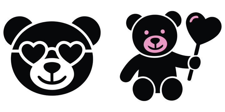 Valentine's day teddy bear and heart sunglasses icon set