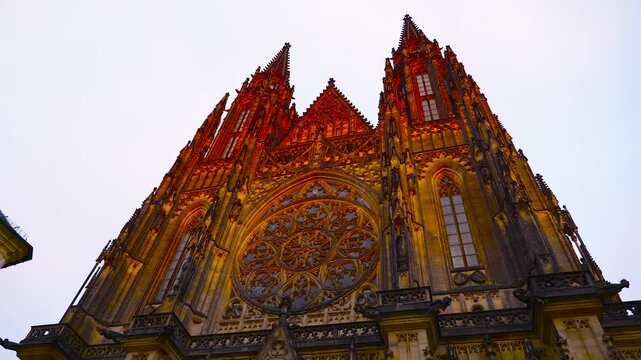 St vitus cathedral gothic facade. Majestic exterior facade of the historic st vitus cathedral in prague, featuring intricate gothic architecture, towering spires, and a stunning rose window