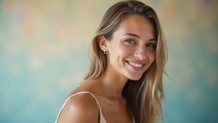 Naklejka premium Smiling young woman with long brown hair and earrings poses against a soft, colorful background, showcasing a friendly expression and natural beauty