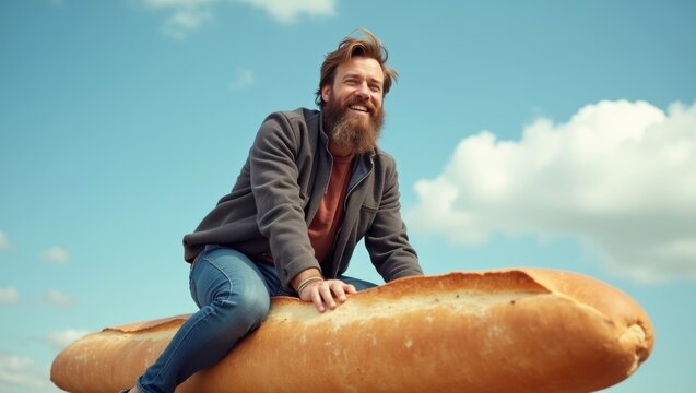 Man with beard wearing casual clothing sits on oversized bread loaf against a blue sky with clouds, creating a whimsical and humorous scene