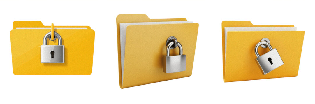 Set and collection of yellow plastic office file folder with secure steel padlock lock data security or file protection system isolated on white transparent png background
