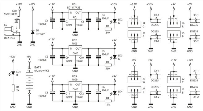 Schematic diagram of electronic device on sheet of paper. Vector drawing electrical circuit with
integrated circuit, resistor, capacitor, 
led indicator, connector, diode, battery, other components.