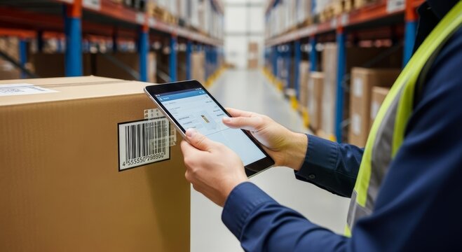 Warehouse worker scanning barcode on cardboard box with tablet computer. Logistics employee managing goods inventory. Shipment tracking and delivery process in modern distribution center.