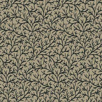 Seamless abstract pattern in nature motif, doodle print of hand drawn bare tree branches. Abstract botanical design of thin twigs, organic shapes on dark background. Vector illustration in two colors.