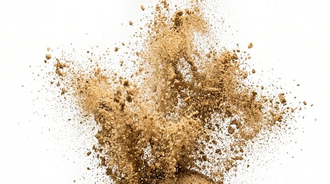 Explosion of brown powder creating a cloud of dust against a white background, abstract and dynamic movement captured