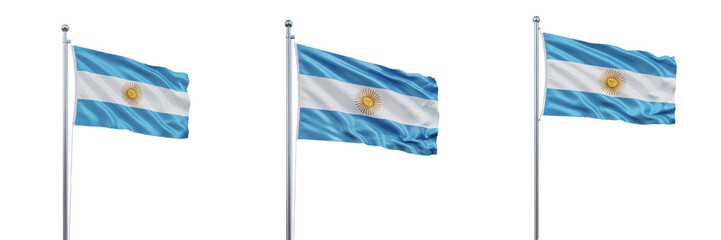 Set and collection of national flag of Argentina blowing waving in the wind attached to a metallic silver flagpole isolated on white transparent png background © modiraterr