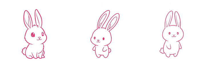 Obraz premium Set and collection of cute pink neon linear outline rabbit character sitting and smiling illustration isolated on white transparent png background